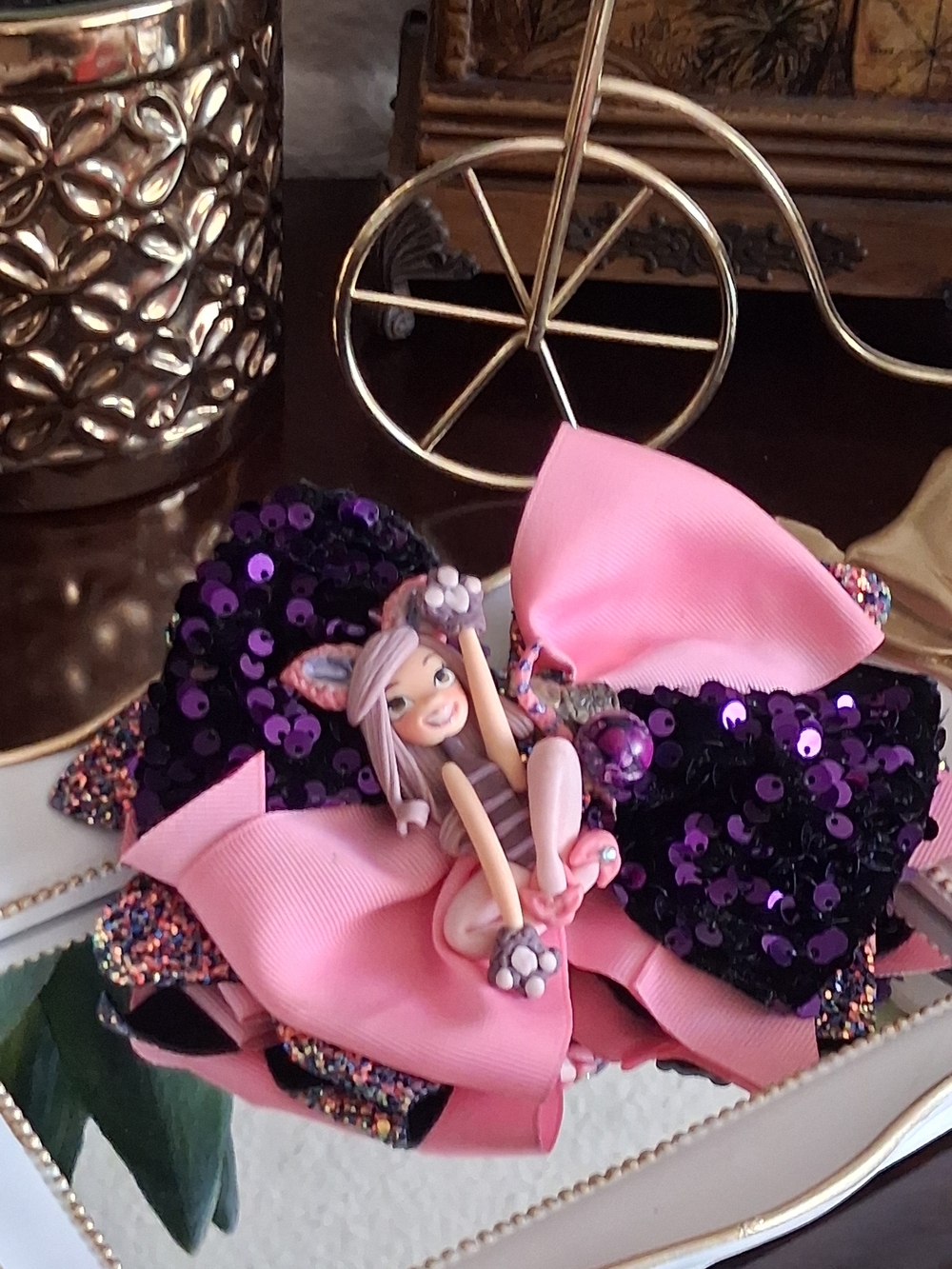 Pink and Black Girls' Layered Hair Bow Clip